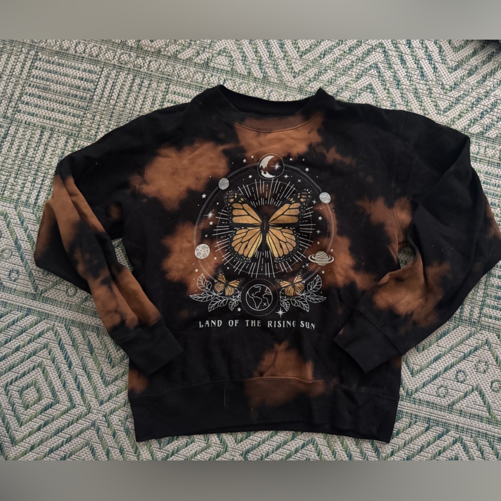 Full Tilt Black and Rust Tie-Dye Butterfly Graphic Sweatshirt S Hippie Celestial